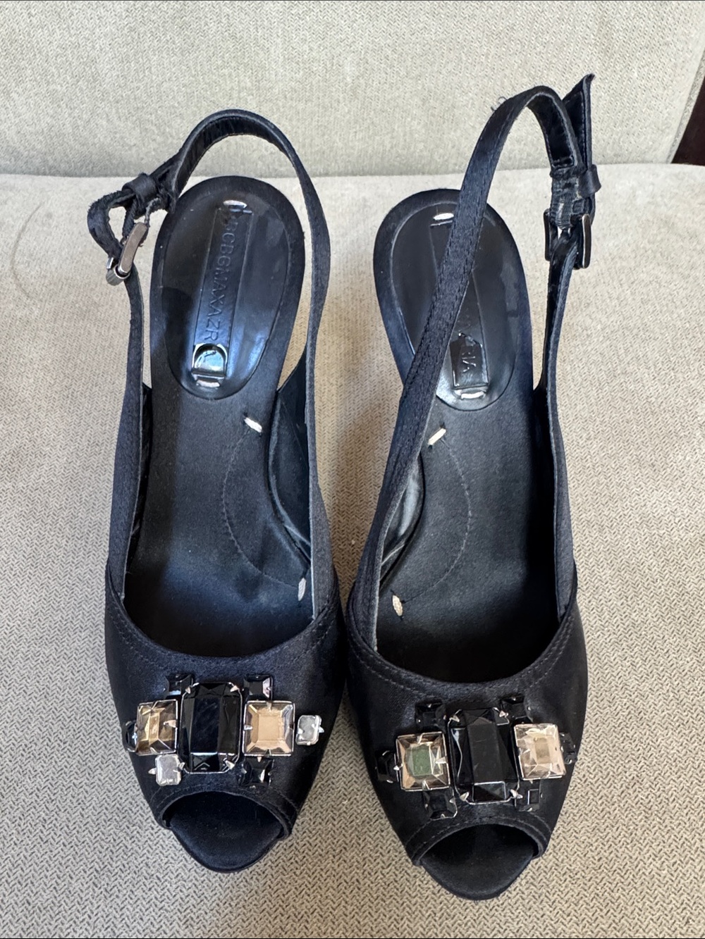 BCBGMaxAzria Black Gem-Embellished Peep-Toe Slingback Heels